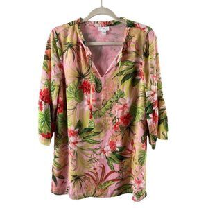 J Jill Seashell Paradise Tropical Floral Print Tunic Dress XS Pink Bell Sleeves